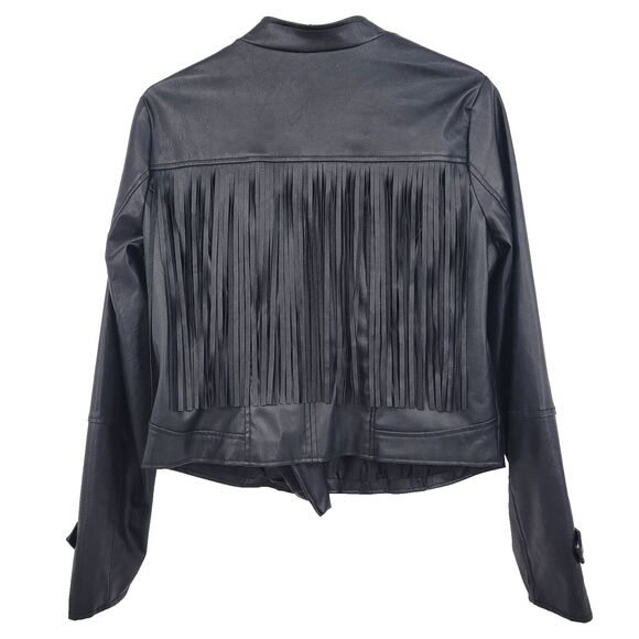 Miss London Womens Black Vegan Leather Jacket Size L Fringe Motorcycle Biker - Picture 3 of 10